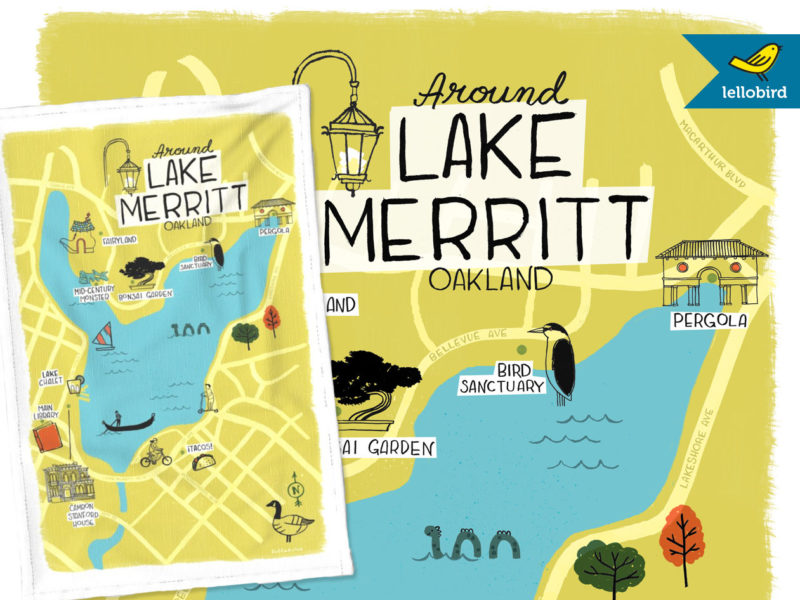 Around Lake Merritt map tea towel by Lellobird