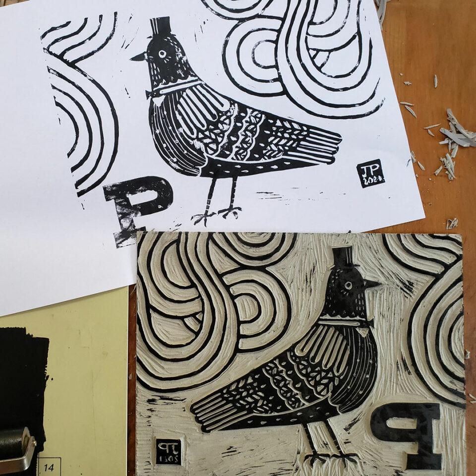 Roadworks 2021 The Dandy pigeon linocut by Lellobird