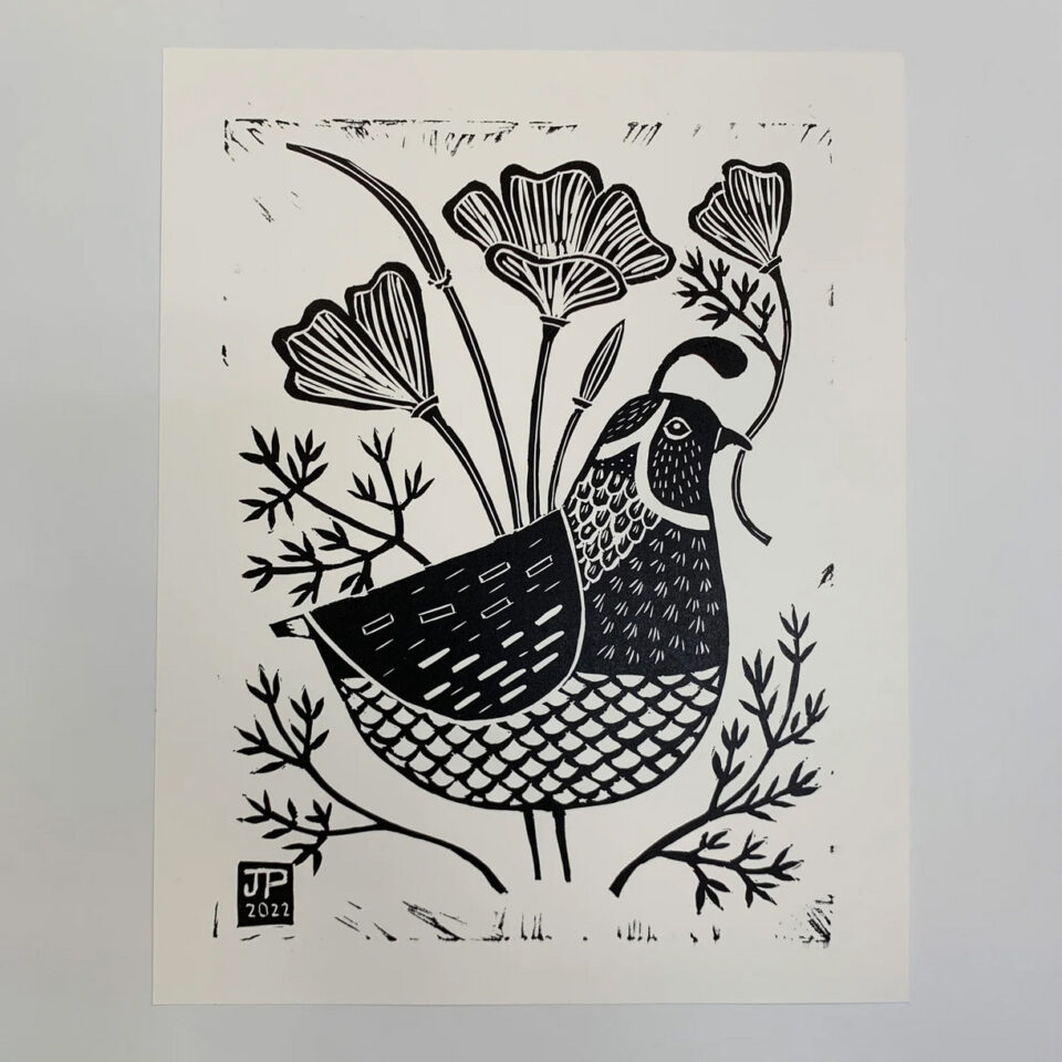 Roadworks 2022 California Quail linocut by Lellobird